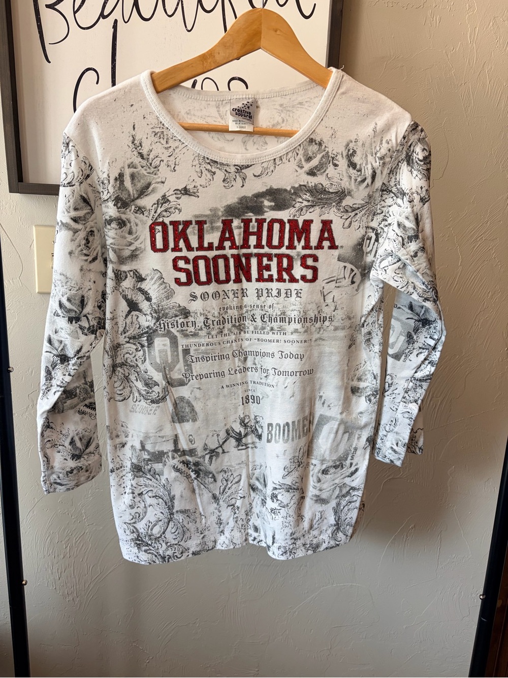 Creative Apparel Oklahoma Sooners XL Long Sleeve Shirt White Gray Red Rhinestone